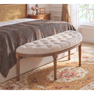 Sunvega French Inspired Vintage Semi-Circle Upholstered Bench with Tufted Design for Bedroom