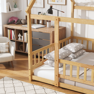 Sunvega Natural Wood House Roof Frame Floor Bed with Safety Guardrails