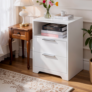 Sunvega White Wooden End Table with Charging Station and 2 Drawers for Bedroom