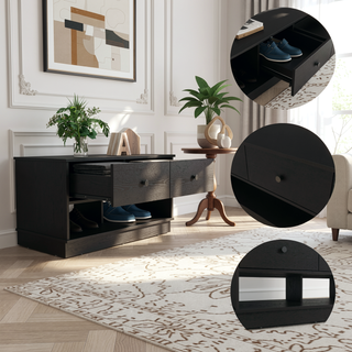 Sunvega Black Storage Bench with Two Open Shelves and Two Drawers for Entryway