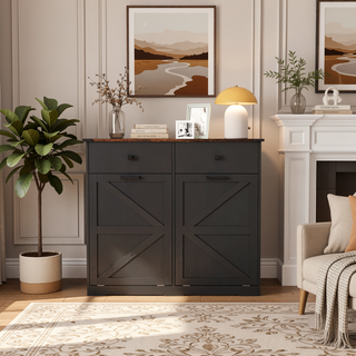 Sunvega Farmhouse Barn Door Style Trash Cabinet for 2 x 10 Gallon Cans