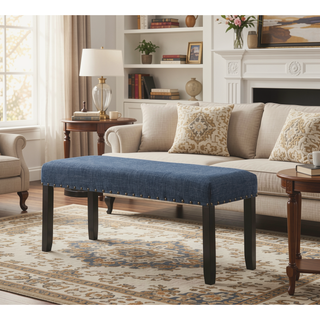 Sunvega Tan Linen and Cotton Fabric Dining Bench with Nailhead Trim