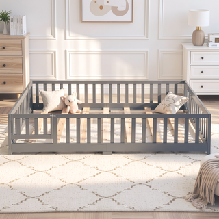 Sunvega Full Size Pine Wood Floor Bed with Safety Guardrails and Door