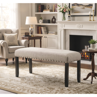 Sunvega Tan Linen and Cotton Fabric Dining Bench with Nailhead Trim