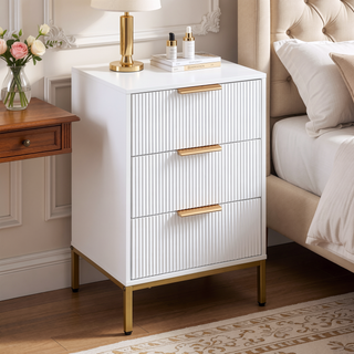 Sunvega Mid-Century Modern Nightstand with Wavy Drawer Panels and Gold Metal Accents