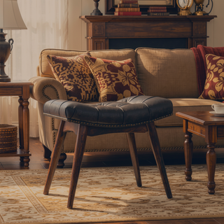 Sunvega Modern Walnut Footstool with Black Buffalo Leather Upholstery and Deep Button Design