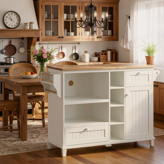 Sunvega White Kitchen Island Cart with Storage Cabinet and Two Locking Wheels for Kitchen Room