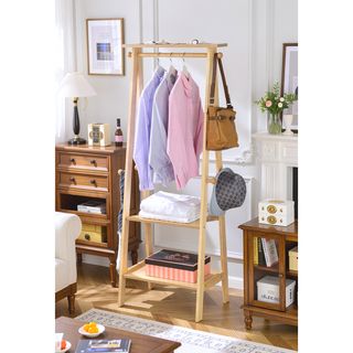 Sunvega Natural Finish Standing Garment Rack with Shelves and Knob Hooks