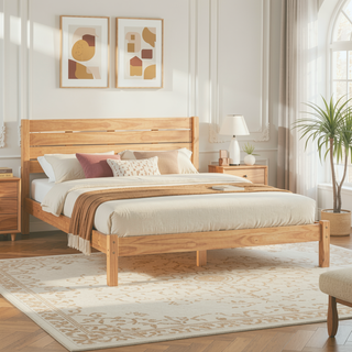Sunvega Minimalist Boho Queen Bedframe with Slatted Headboard in Natural Pine