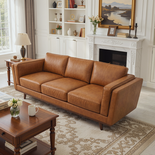 Sunvega Mid Century Modern Top Grain Leather Sofa with High Feet for Living Room