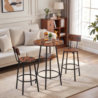 Sunvega Rustic Brown Bar Stool Set with Backrest, Shelf, and Footrest