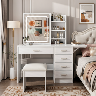 Sunvega Vanity Desk with Mirror and Lights for Makeup with 5 Drawers and Open Shelves