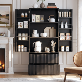 Sunvega Elegant French Refrigerator-Inspired Fluted Pantry Cabinet with 2 Drawers