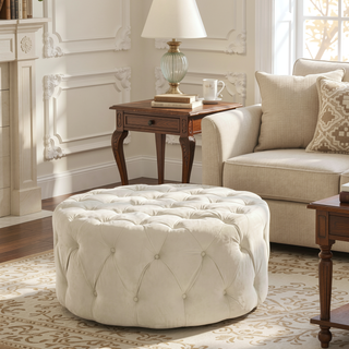 Sunvega Round Storage Ottoman with Faux Leather Upholstery and Tufted Design