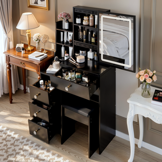 Sunvega 41 Inch Large Size Left Bedside Cabinet Vanity Table with Cushioned Stool