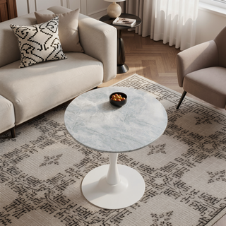 Sunvega Round White Pedestal Side Table with Marble Effect Top for Living Room