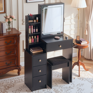 Sunvega Small Space Left Bedside Cabinet Vanity Table with Cushioned Stool and Sliding Mirror