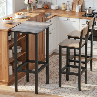 Sunvega Grey Minimalist Bar Table Set with 2 Industrial Stools and Iron Frame