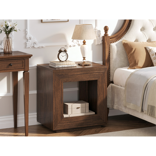 Sunvega Industrial Rustic Brown Wood End Table with 2 Tiered Storage Shelf and USB Outlets