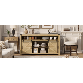 Sunvega Farmhouse Sideboard with Sliding Barn Door Mesh Panels and Open Storage