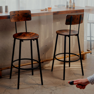 Sunvega Rustic Brown Bar Stool Set with Backrest, Shelf, and Footrest