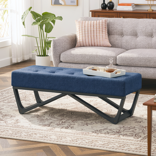 Sunvega Modern Ottoman Bench with Button-Tufted Waffle Stitch and Geometric Legs