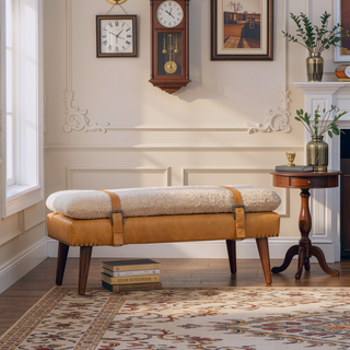 Sunvega Handwoven Cotton and Buffalo Hide Leather Bench with Belted Strap Design
