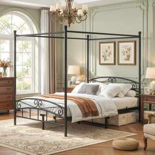 Sunvega Sturdy Queen Metal Canopy Bed Frame with Vintage Headboard and Footboard