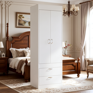 Sunvega White 70H" Double Door Cabinet with Two Drawers and Metal Handles