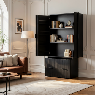 Sunvega Elegant French Refrigerator-Inspired Fluted Pantry Cabinet with 2 Drawers