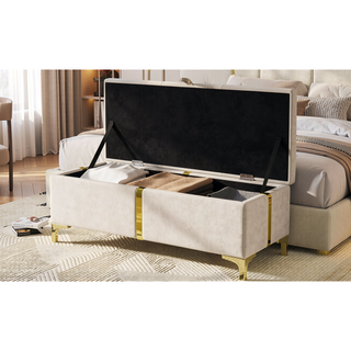 Sunvega Elegant Upholstered Storage Ottoman Bench with Metal Legs for Bedroom and Living Room