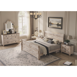Sunvega White Wash Finish King Sleigh Bed Dresser Mirror Nightstands and Chest