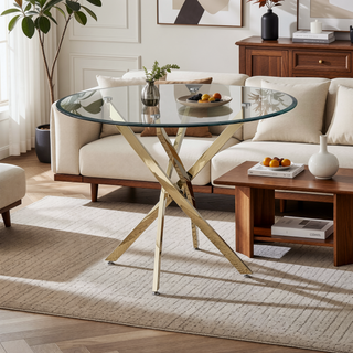 Sunvega Round Clear Tempered Glass Dining Table with Gold Finish Stainless Steel Legs