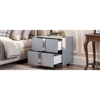 Sunvega Elegant Gray Nightstand with 2 Drawers and Metal Foot for Bedroom