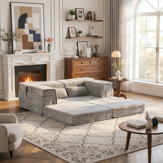 Sunvega Convertible Modular Sectional Mahjong Sofa Bed with Ottoman in Circle Fleece Fabric