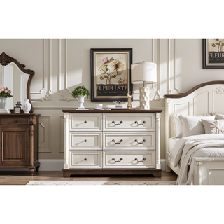 Sunvega Antique Two Tone Finish Wooden 6 Drawer Dresser Chest for Bedroom