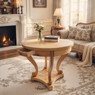 Sunvega Small Round Natural Wood Side Table with Two Storage Drawers