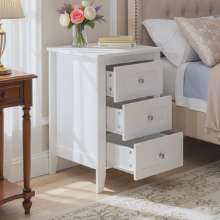 Sunvega Modern White Nightstand with 3 Drawers and Charging Station for Bedroom