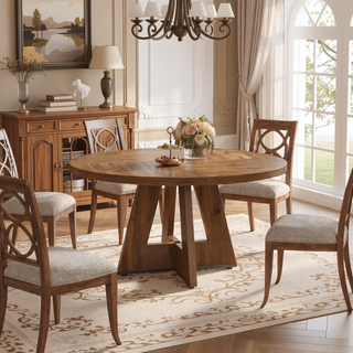 Sunvega 47 Inch Round Wood Dining Table with Walnut Finish for 4-6 Seating