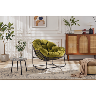 Sunvega Oversized Outdoor Rattan Rocking Chair with Padded Cushion and Steel Frame