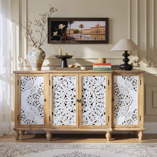 Sunvega Handmade Hollow-Carved Accent Cabinet with Adjustable Shelf Distressed Wood