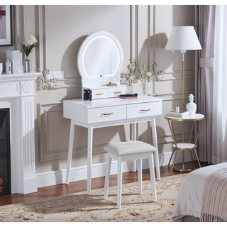 Sunvega Modern Luxury White Vanity Table Set with Built-in LED-lit Mirror and Stool