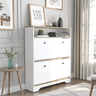 Sunvega Light Oak White Wood Shoe Rack with Two Doors and Three Storage Shelves