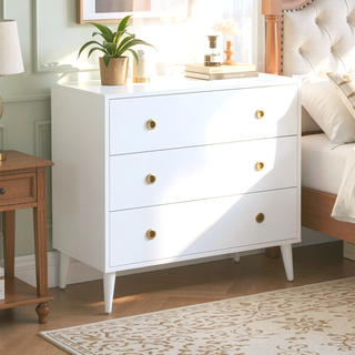 Sunvega Mid-Century Modern 3-Drawer Pine Wood Dresser with Antique Gold Pulls