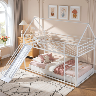 Sunvega Twin over Twin House Bunk Bed with Ladder and Slide in White