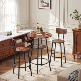 Sunvega Rustic Brown Bar Stool Set with Backrest, Shelf, and Footrest