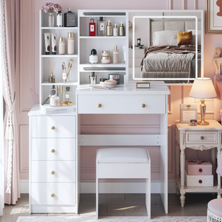 Sunvega 37 Inch Left Bedside Vanity Table with Cushioned Stool and Sliding LED Mirror