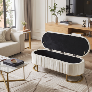 Sunvega Elegant Upholstered Velvet Storage Ottoman with Button-Tufted Design and Metal Legs