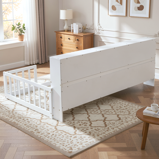 Sunvega Twin Floor Bed with Bedside Bookcase Guardrails and Shelves in Grey