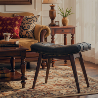 Sunvega Modern Walnut Footstool with Black Buffalo Leather Upholstery and Deep Button Design